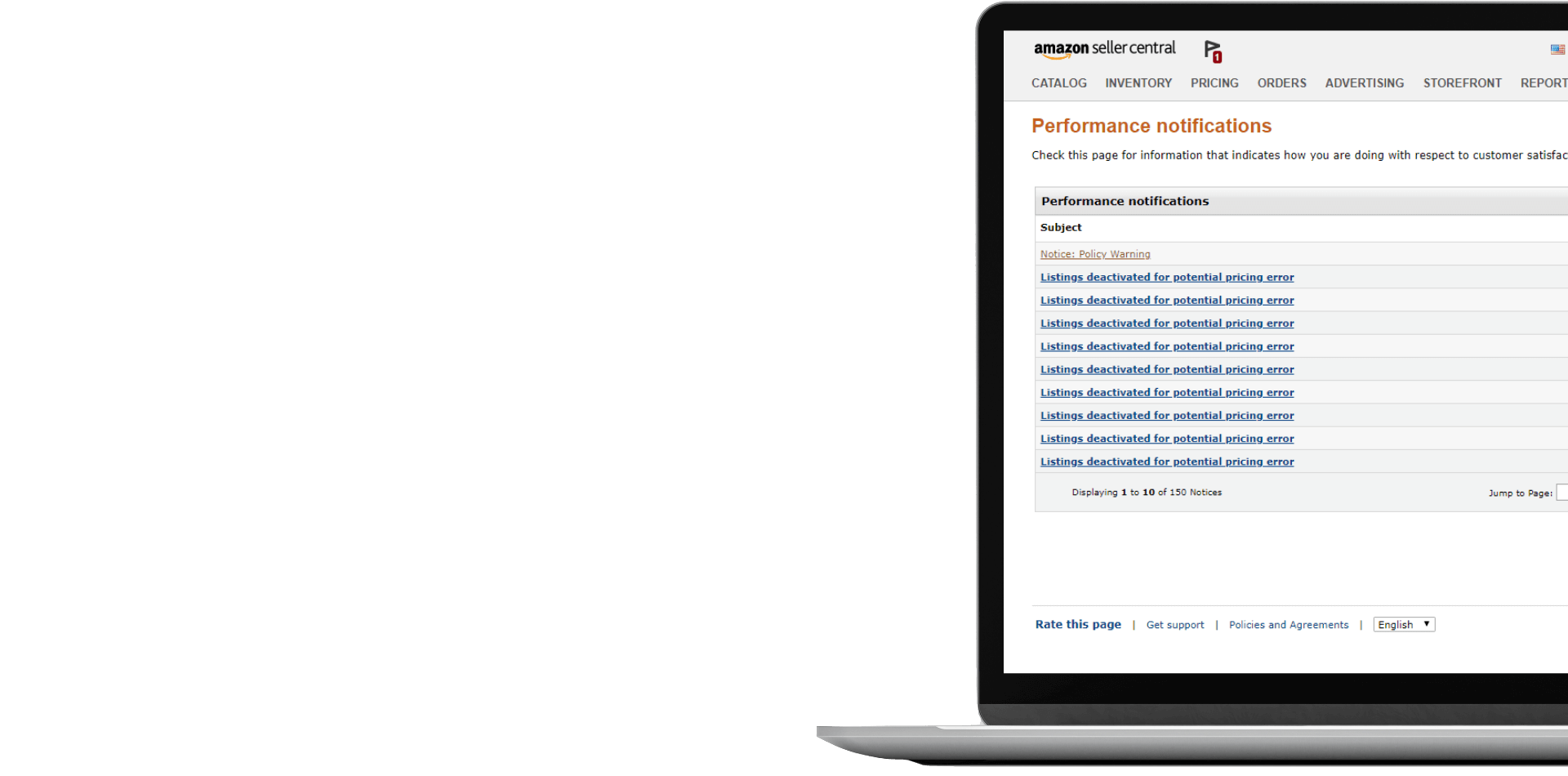 Amazon seller central website on laptop